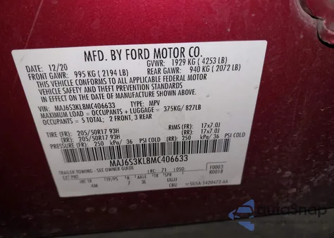 2021 Ford Ecosport Titanium z USA, uszkodzony, nr VIN MAJ6S3KL8MC406633